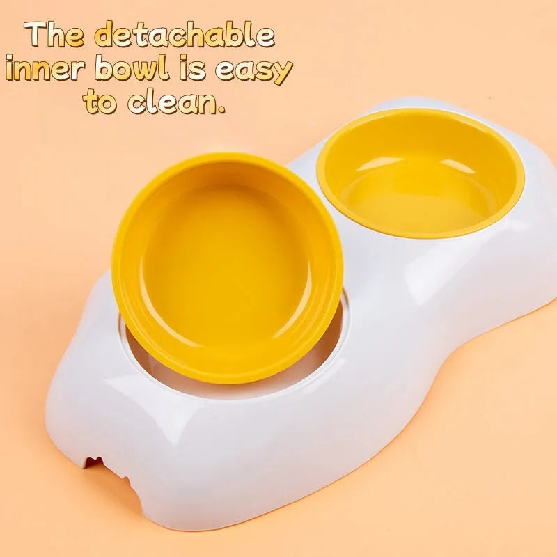 Double dog bowls in blue plastic with non-slip legs for pet food and water