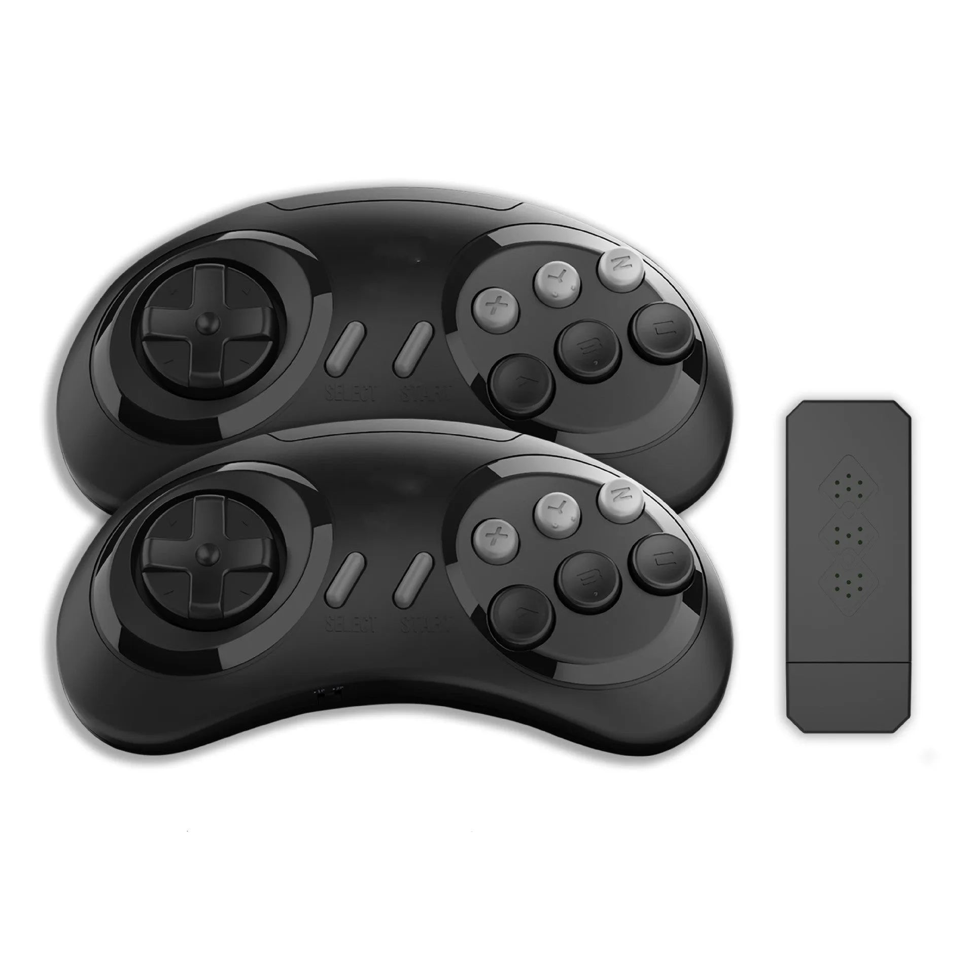 Mini wireless home game console in black with nostalgic style, ABS material, and wireless gamepad for children aged 6-14