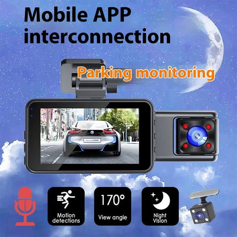 Black 3-lens front windscreen car dash cam with a 3-inch screen, showing dimensions of 7.3 by 11.1 by 15.3 centimetres.