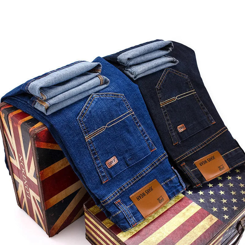 Men's black stretch slim straight business casual jeans in cotton denim