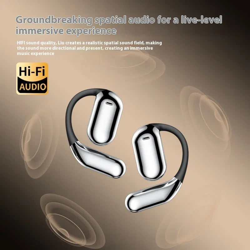 Ear-mounted Bluetooth headset with LCD colour screen and AI translation in silver, side view