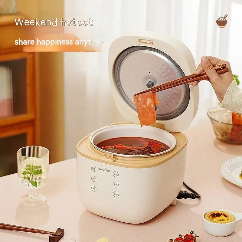 White 3L rice cooker with black inner pot and included accessories