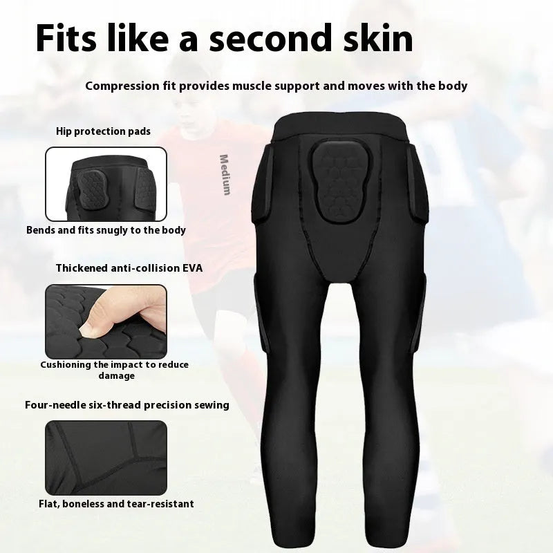 Knee anti-collision compression pants in black with black line for adult sports training