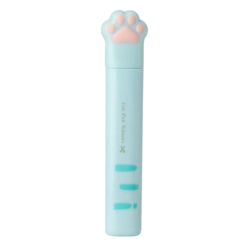 Cat paw mini folding scissors in pink, white, black and blue colours showing compact 8.7 cm size