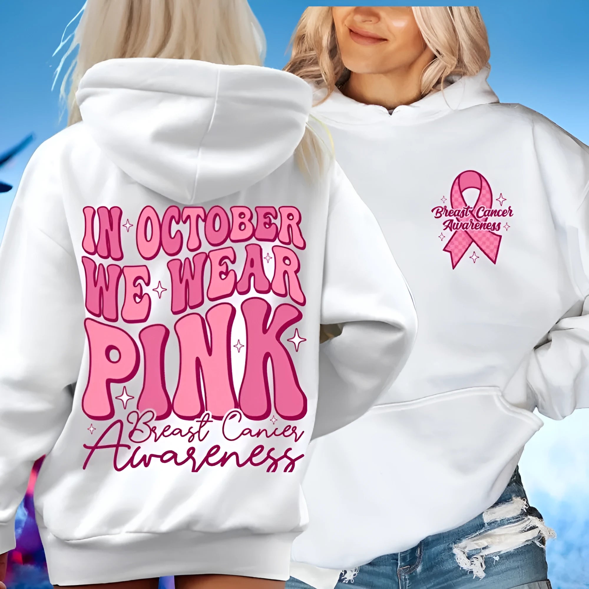 Pink breast cancer awareness pullover hoodie with retro hot stamp design and side pockets.
