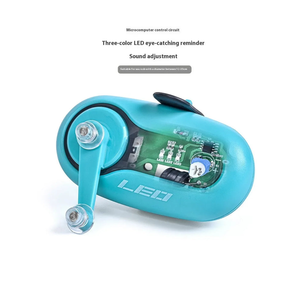 Fishing rod alarm with automatic signal lamp in blue or black colours for night fishing
