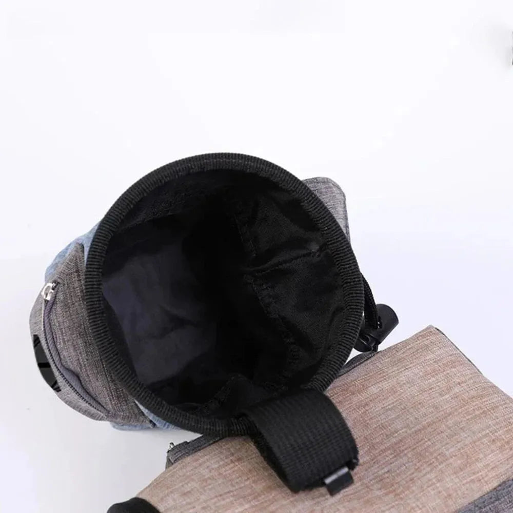 Adjustable waterproof waist bag for dog walking with side clip and multiple pockets.