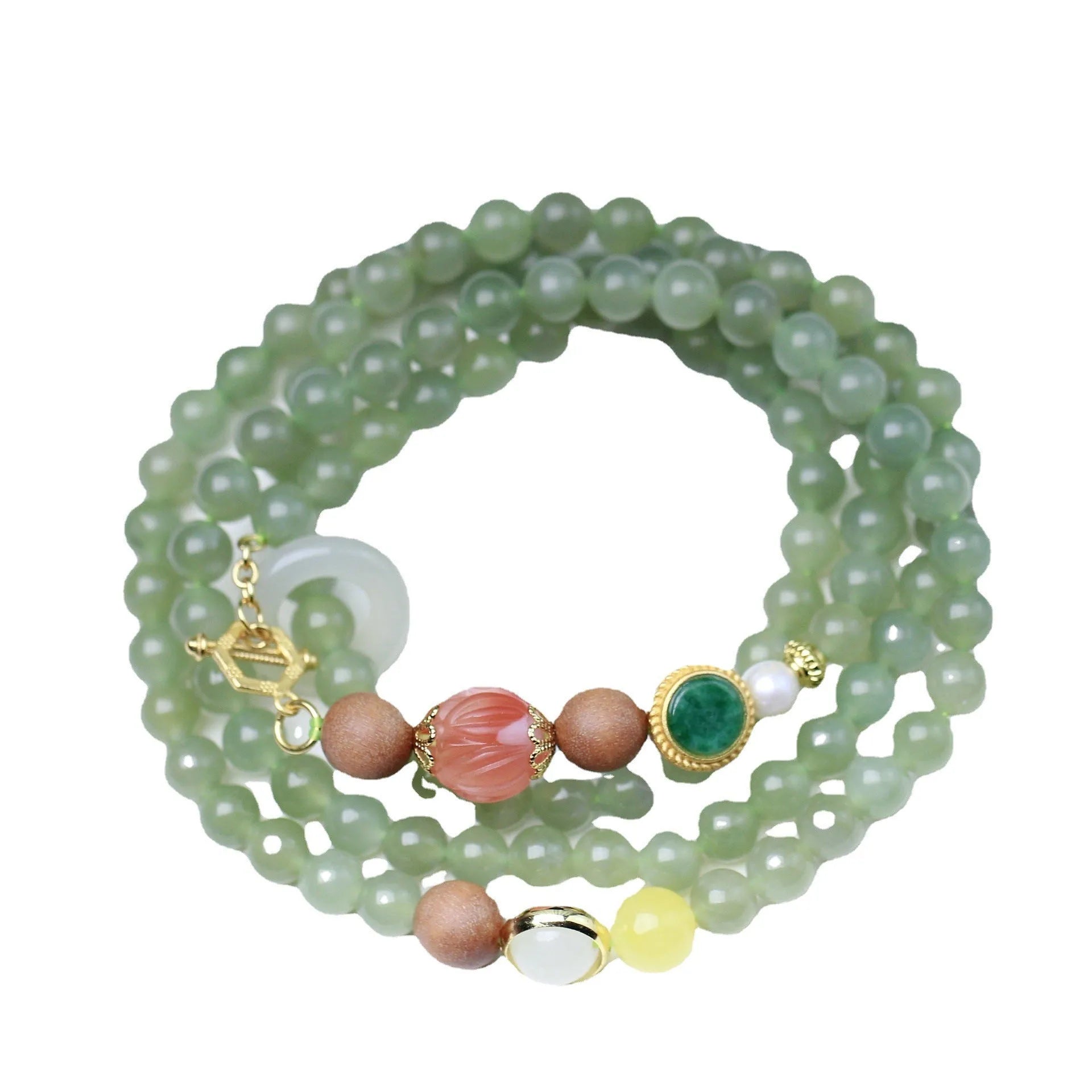 Handmade Hetian jade and white sandalwood necklace with red lotus beads and fu charm, shown with matching bracelet.