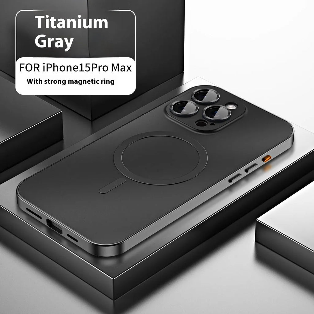 Metal frame magnetic phone case for iPhone 16 series in Titanium Black finish