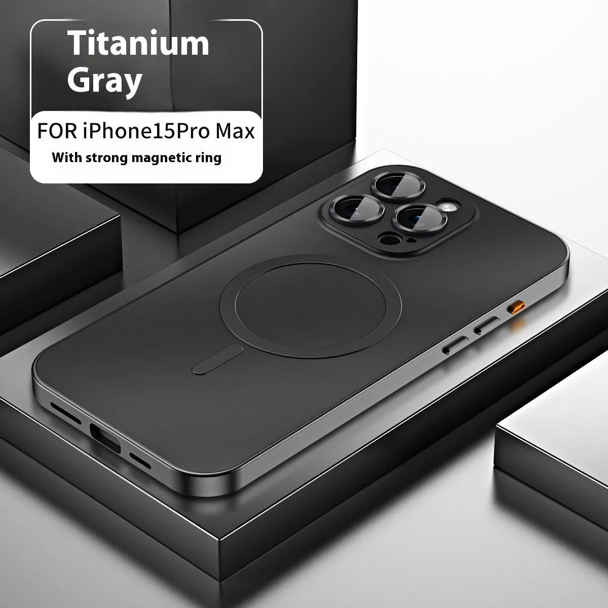 Metal frame magnetic phone case for iPhone 16 series in Titanium Black finish