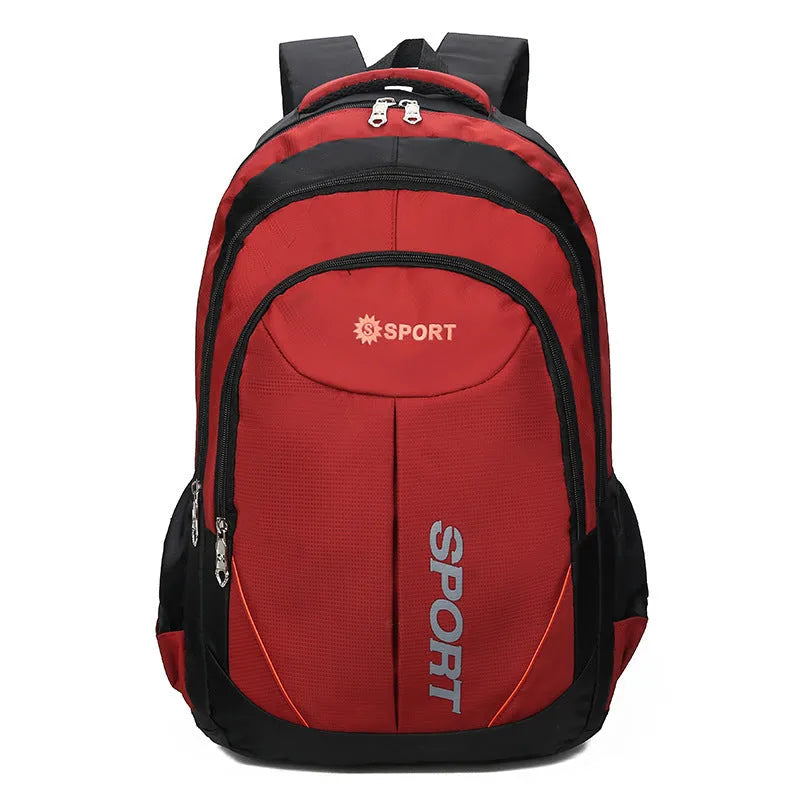 Men's nylon backpack with curved shoulder straps in black, blue, grey or red with letter detailing