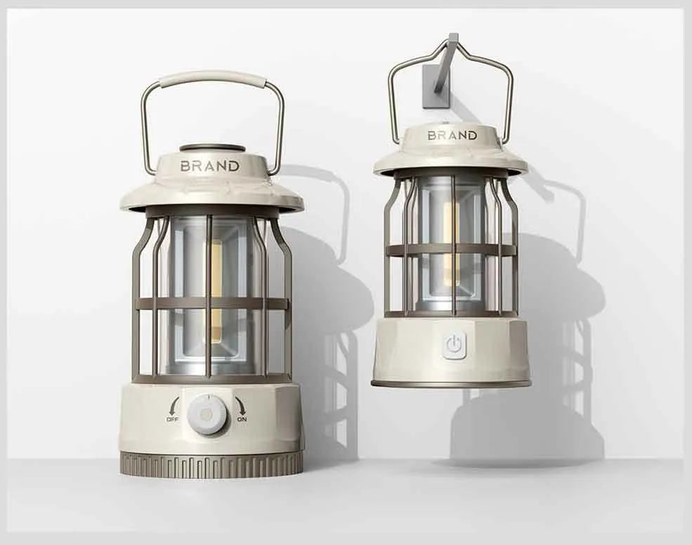 Black retro USB rechargeable camping lantern with iron shell and LED ambient light for outdoor tent use