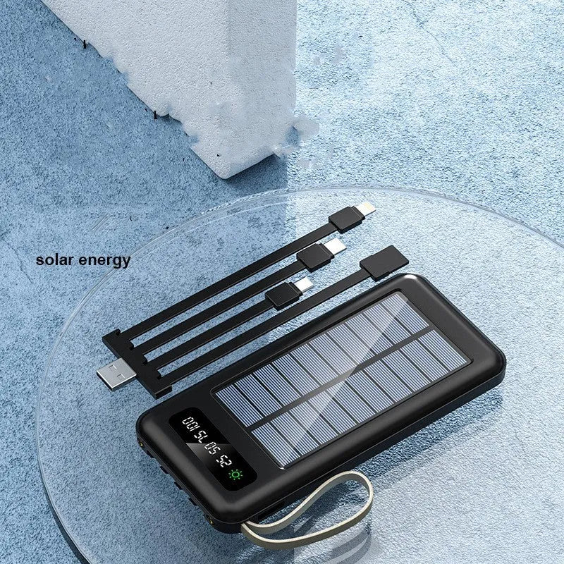 Solar Super Capacity Power Bank in black or white, showing front with solar panel and USB port, dimensions 144mm x 68mm.