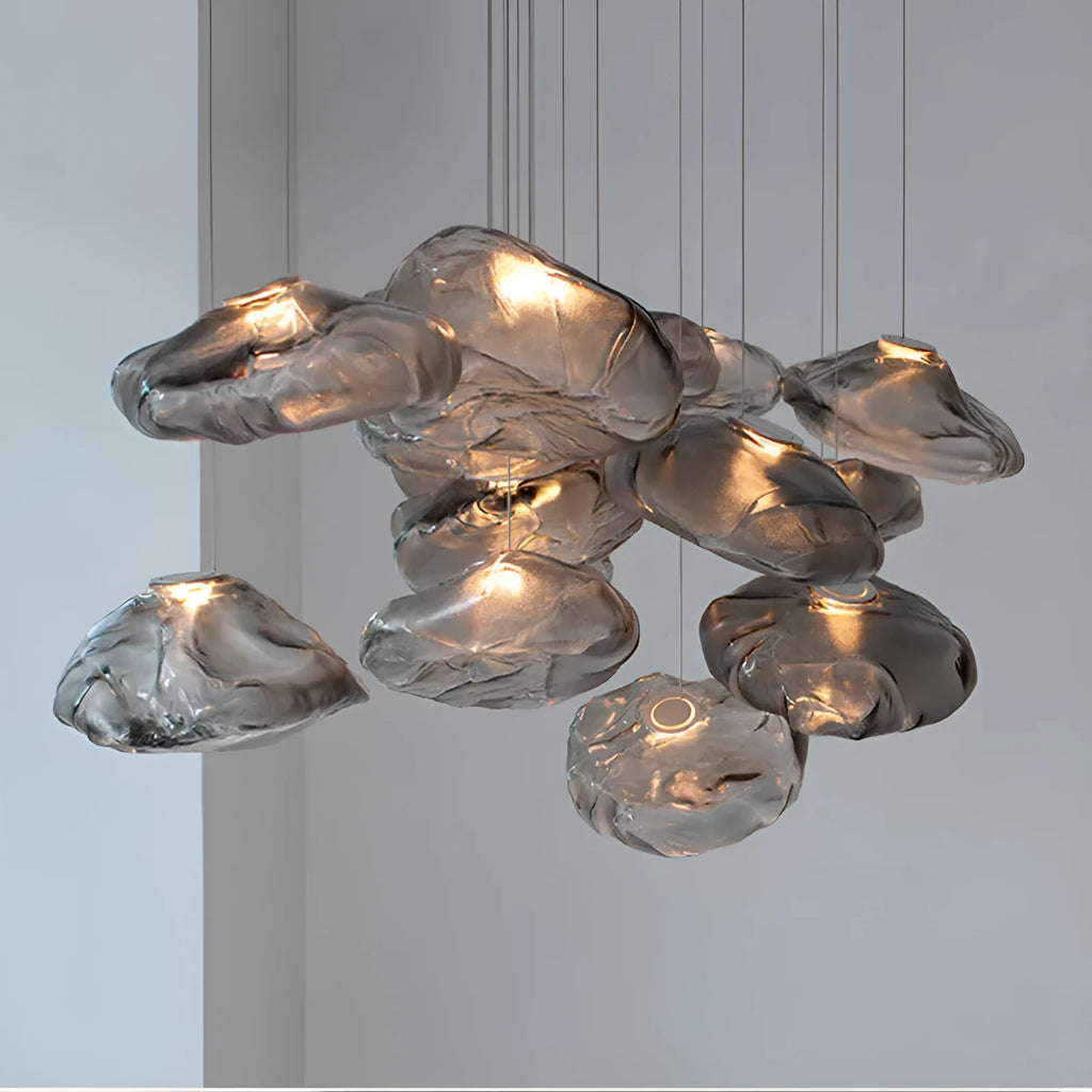Modern glass fabric chandelier in amber, clear, or smoke grey, available in 200mm and 300mm sizes.