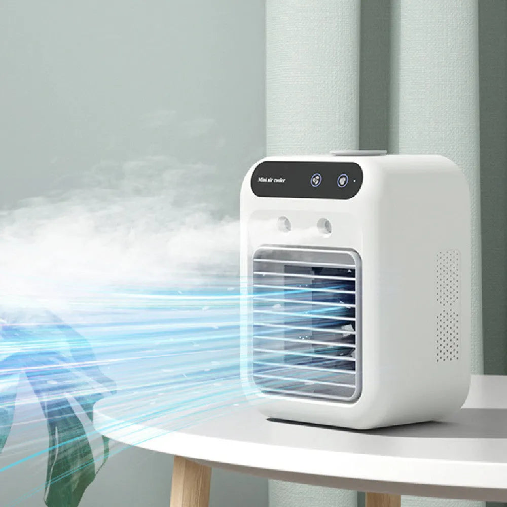 Ivory white portable USB air cooler fan with touchscreen controls and water tank