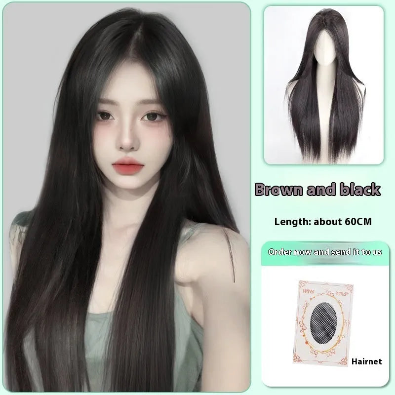 Female full-head wig with forehead lace seamless design in long straight fluffy style