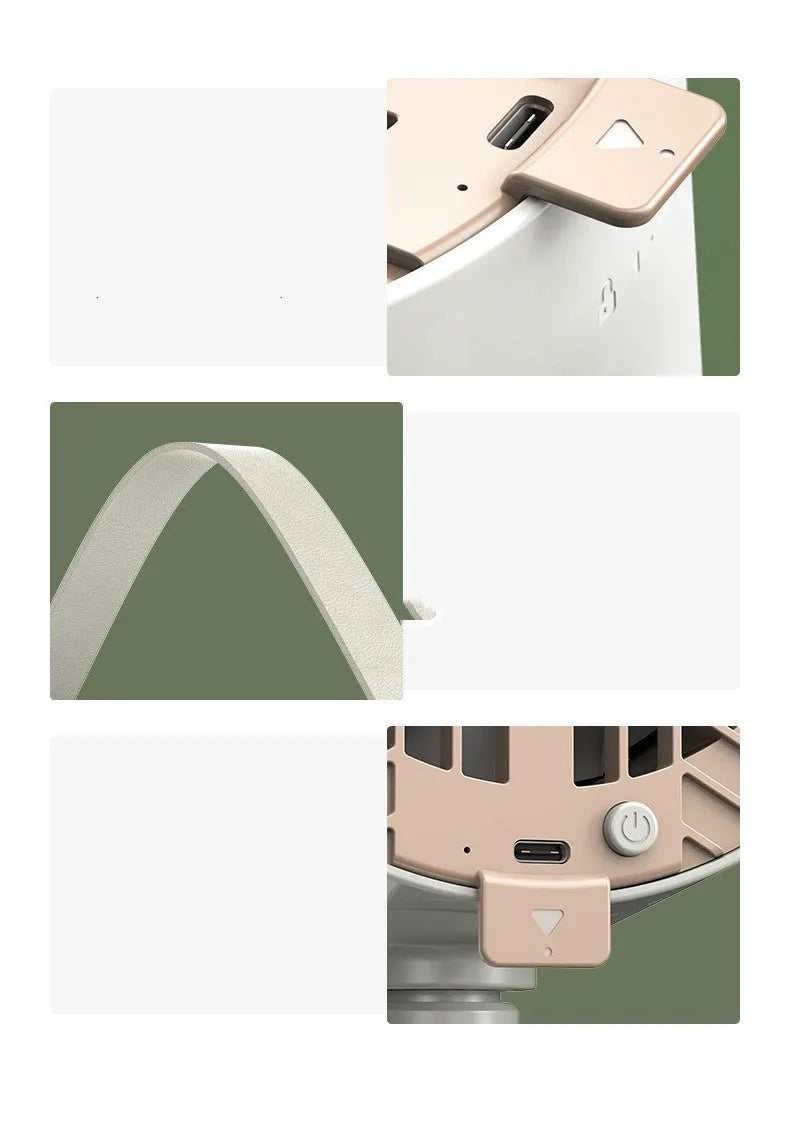 Milky white portable USB desktop exhaust fan with tripod stand and removable filter screen.