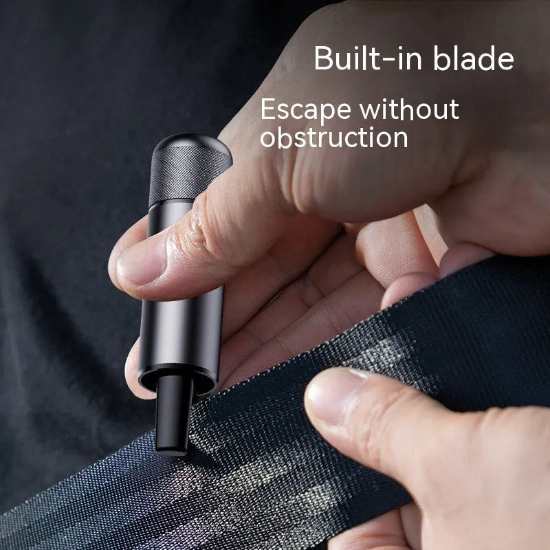 Aluminium alloy car safety hammer with seatbelt cutter in black, showing 20mm by 88mm size.