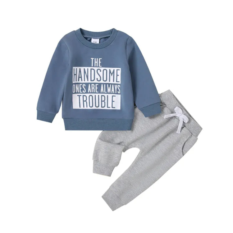 Baby knitted cotton casual suit with letter print top and trousers in navy blue