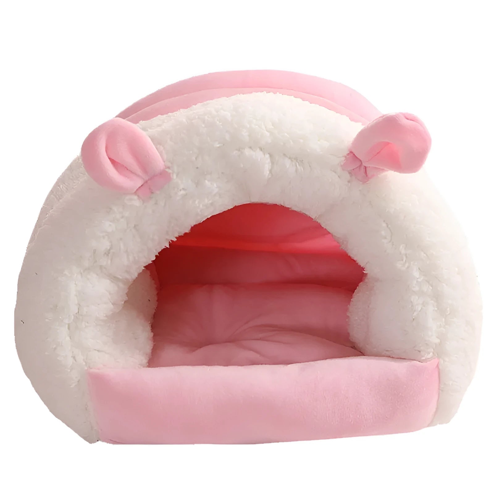 Closed cat nest bed in blue colour with removable cushion shown in home setting