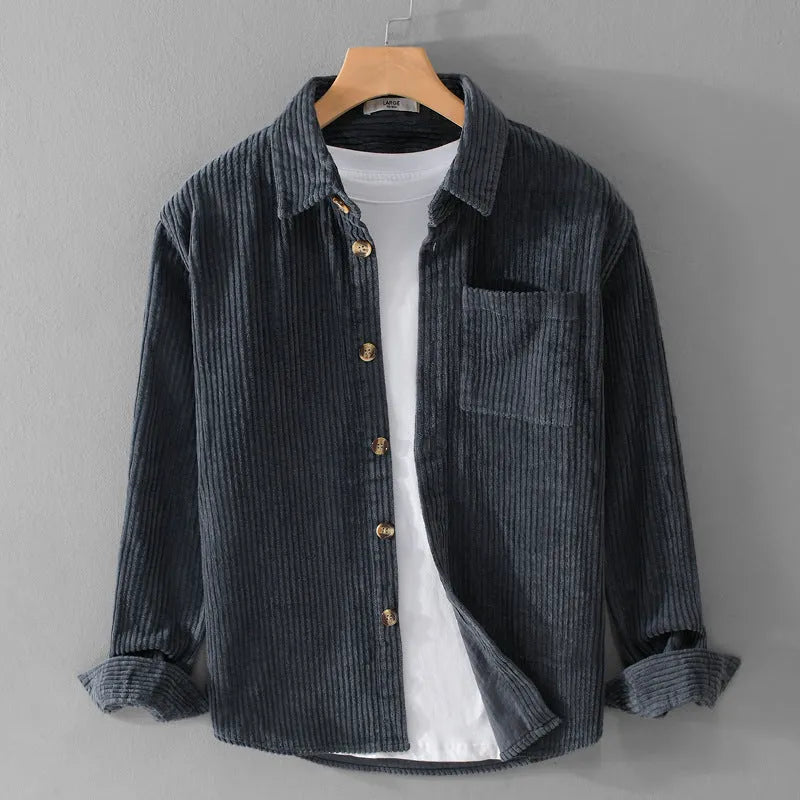 Men's cotton corduroy long sleeve button shirt with lapel collar and chest pocket in khaki, green, or gray blue.