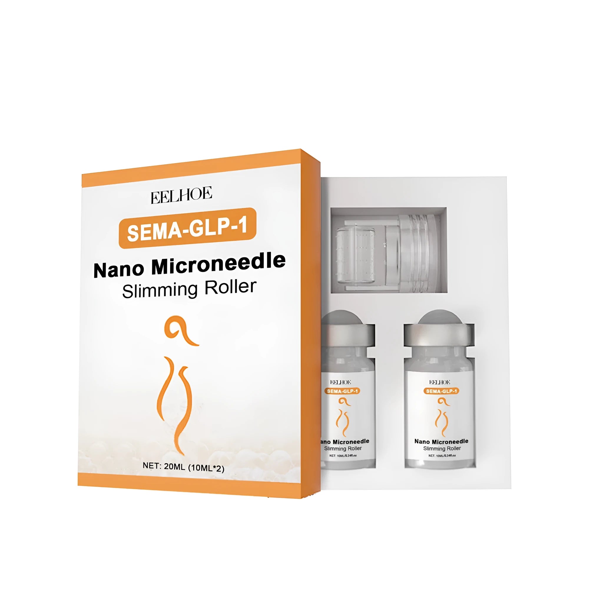 Micro needle body shaping roller kit with two 10ml essence bottles and a handheld derma roller device.