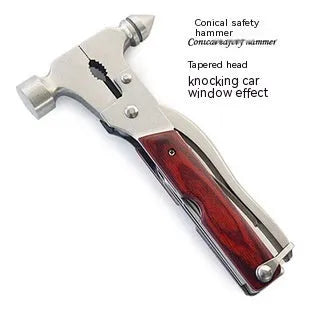 Multi-functional 16-in-1 car safety hammer with three head variants: axe, cone and claw designs
