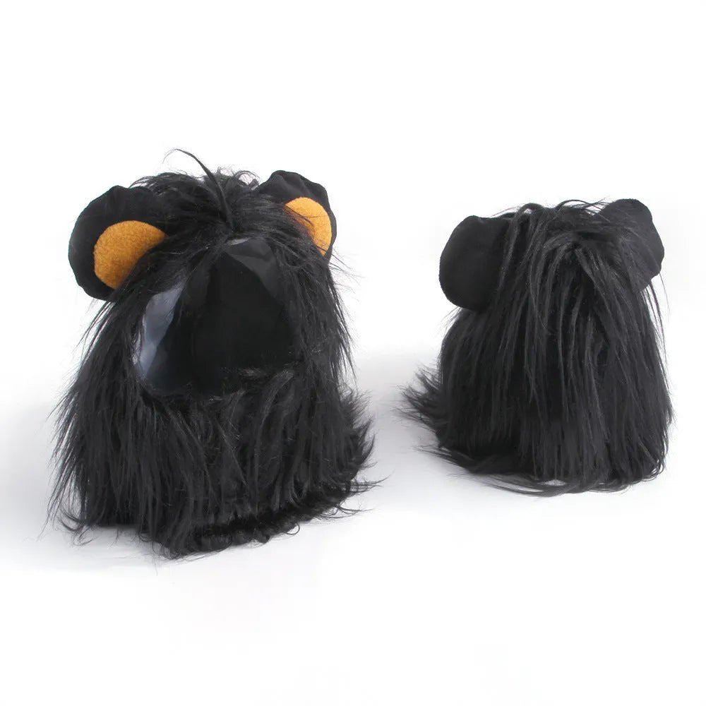 Black lion headgear wig on cat with three size options available