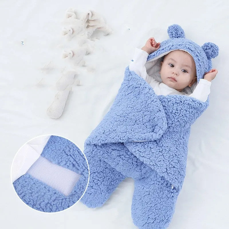 Baby swaddle sleeping bag in baby blue with thickened breast protector, velvet cotton filling, 75x60cm size