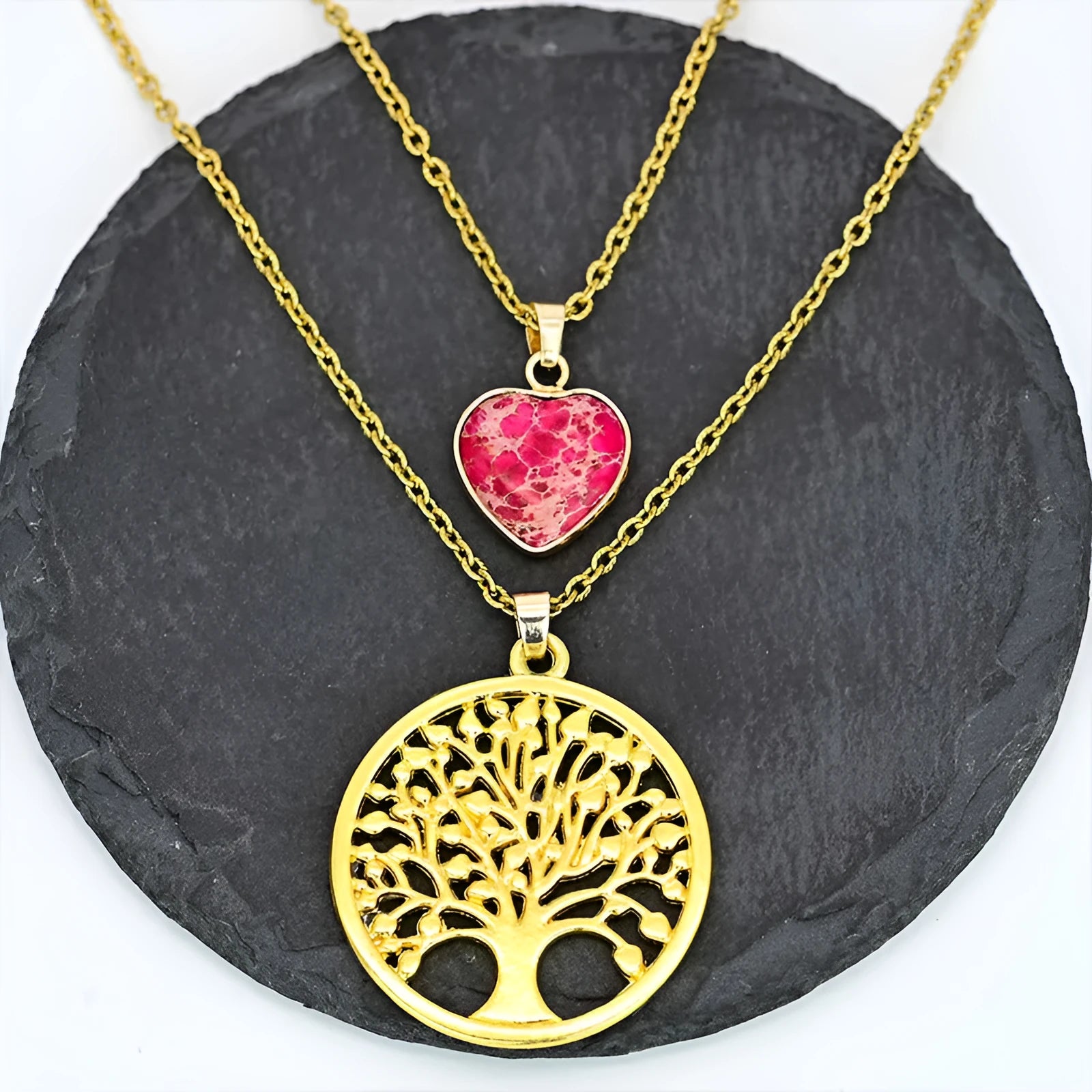 2-layer red heart emperor stone life tree pendant necklace for women