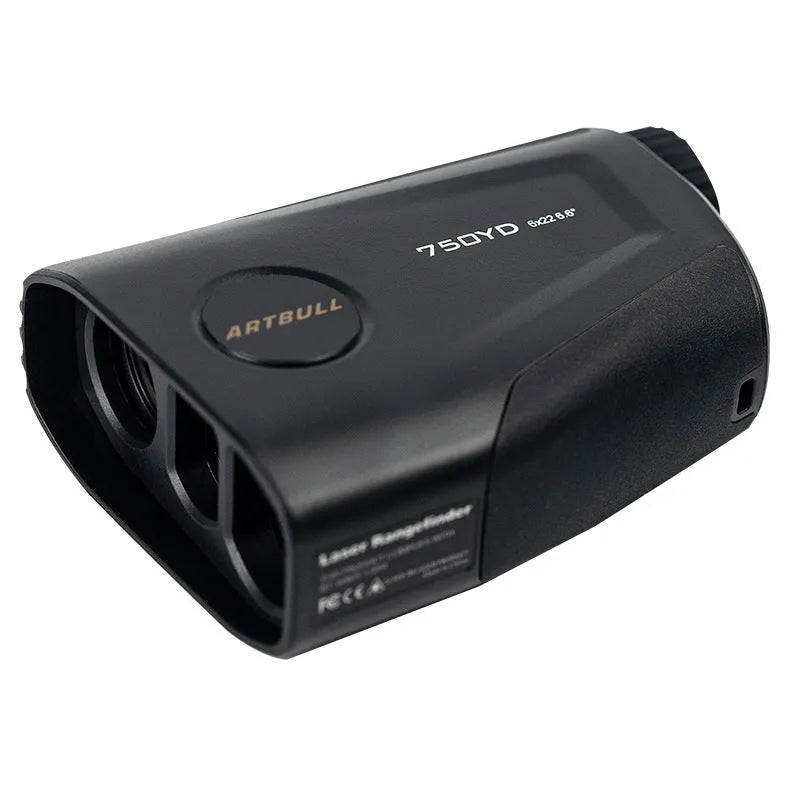 Golf laser rangefinder showing LCD display with distance measurement and slope compensation indicator