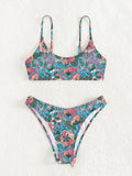 New printed polyester sling bikini swimsuit for women, two-piece set in peacock blue or lemon yellow, sizes S M L