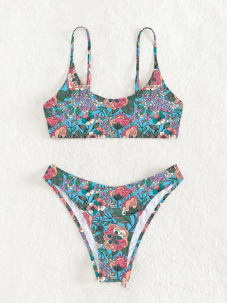 New printed polyester sling bikini swimsuit for women, two-piece set in peacock blue or lemon yellow, sizes S M L