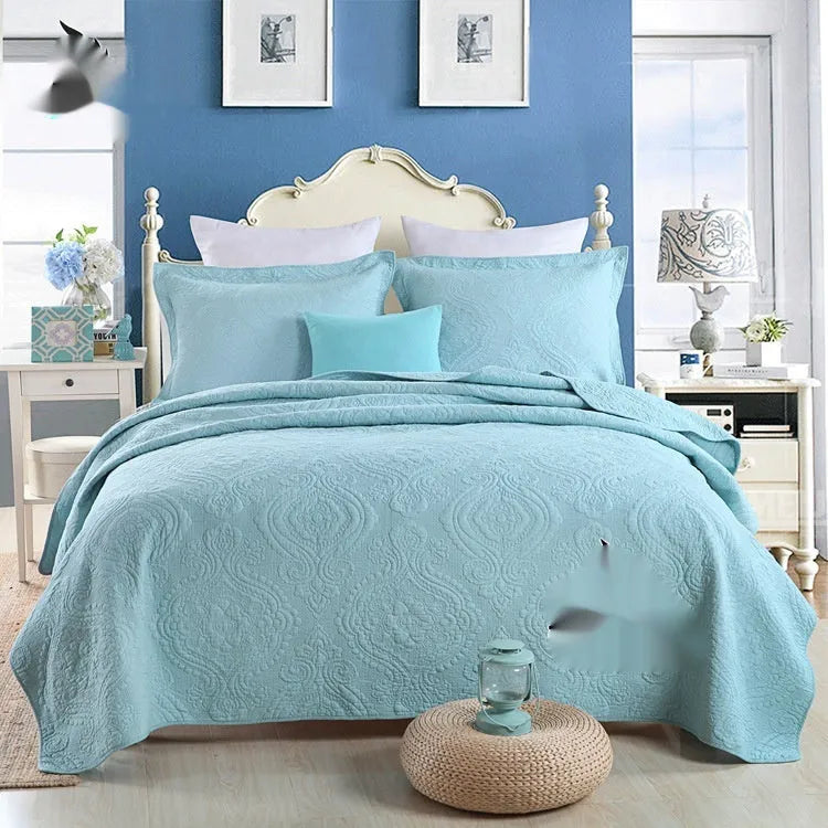 Pure cotton bed cover three-piece set showing bedspread-style design with solid colour pattern