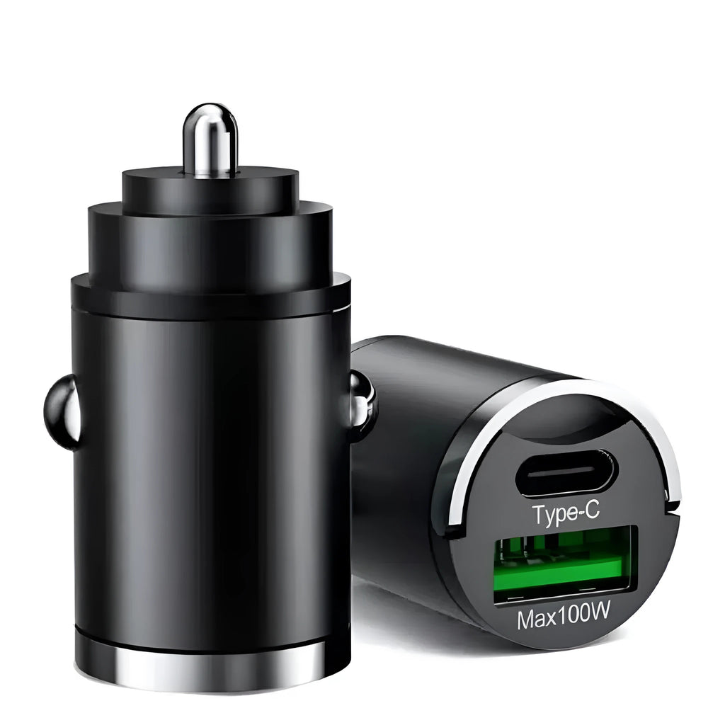 Black metal car charger with a pull-tab, labelled as 100W Super Fast Charge.