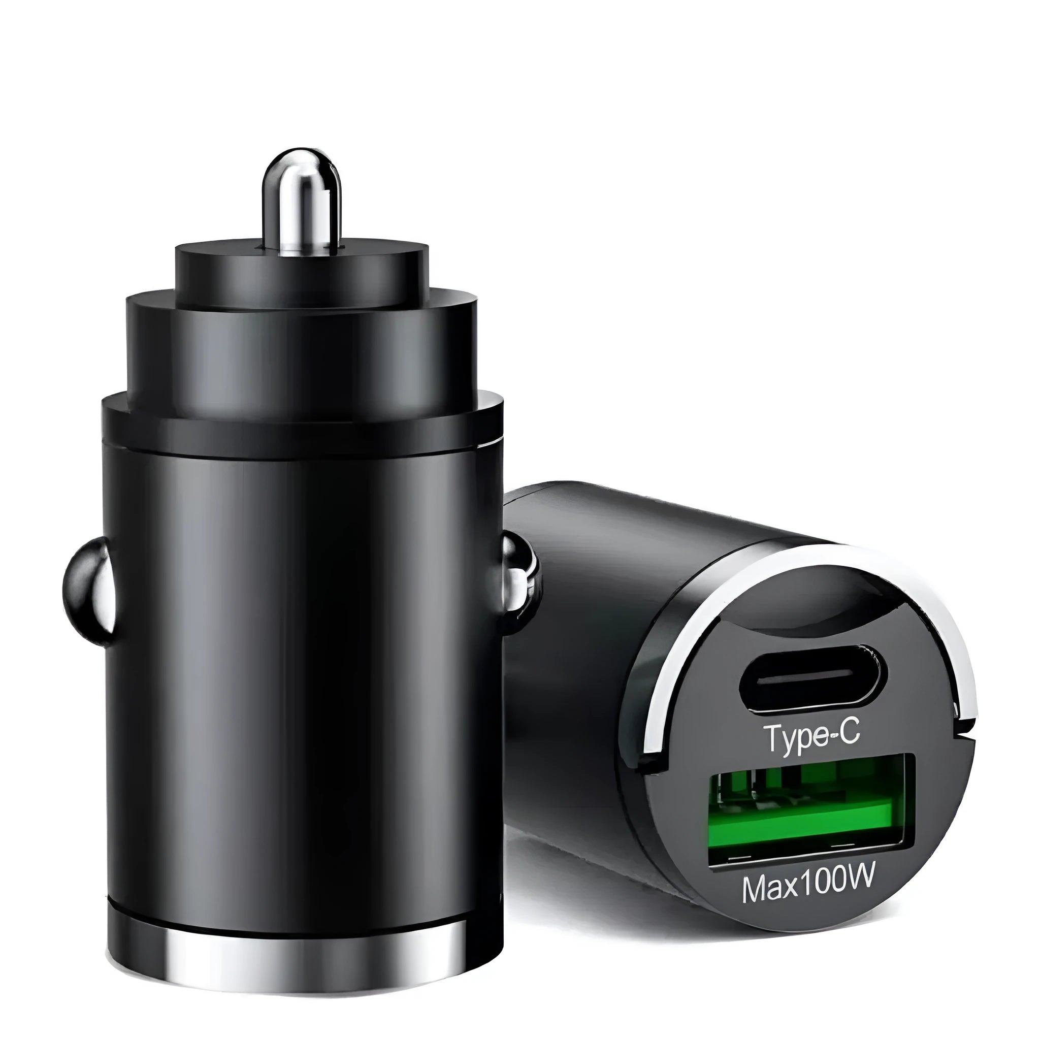 Black metal car charger with a pull-tab, labelled as 100W Super Fast Charge.