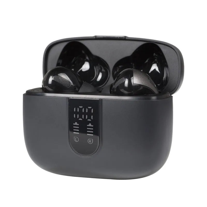 Jerry X08 wireless in-ear Bluetooth headset with digital display and charging case in Black, Grey, or White colour.