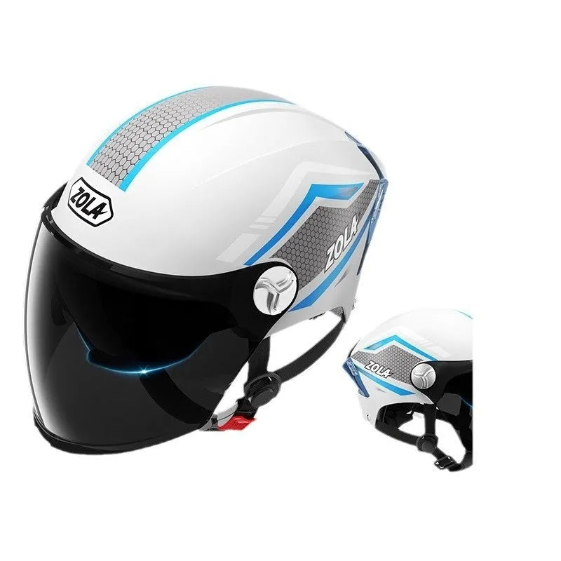 Child's light brown half helmet with double mirrored visor for battery scooter riding.