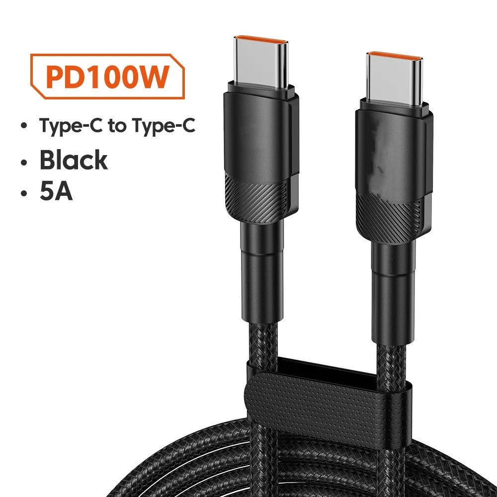 Aluminium alloy woven USB charging cable with 100W PD fast charging in black, blue, purple, or green