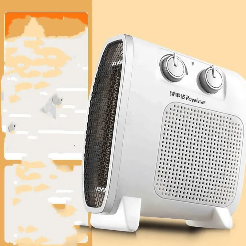 White electric fan heater with mechanical control dials on a dark background.