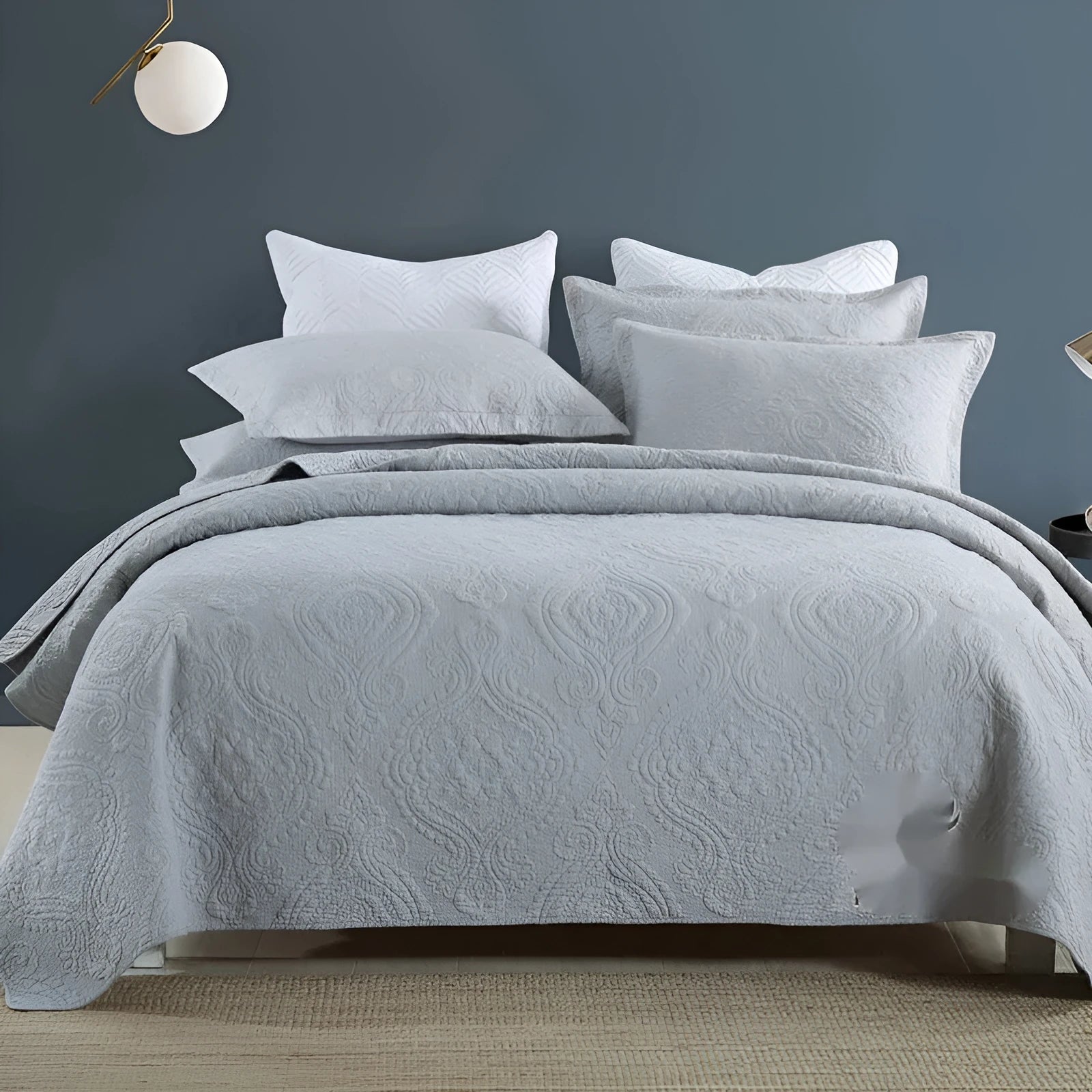 Pure cotton bed cover three-piece set showing bedspread-style design with solid colour pattern