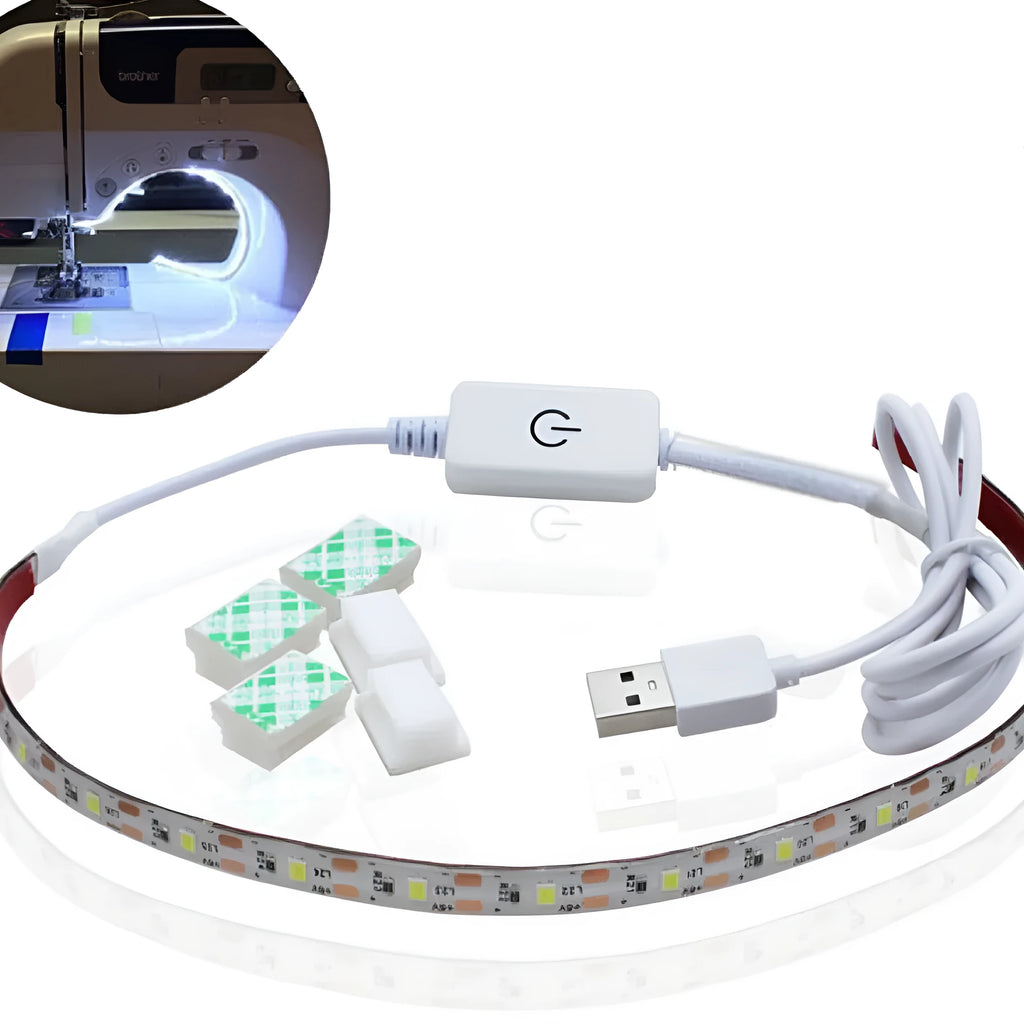 5 metre long flexible USB LED light strip showing touch control and bright white illumination