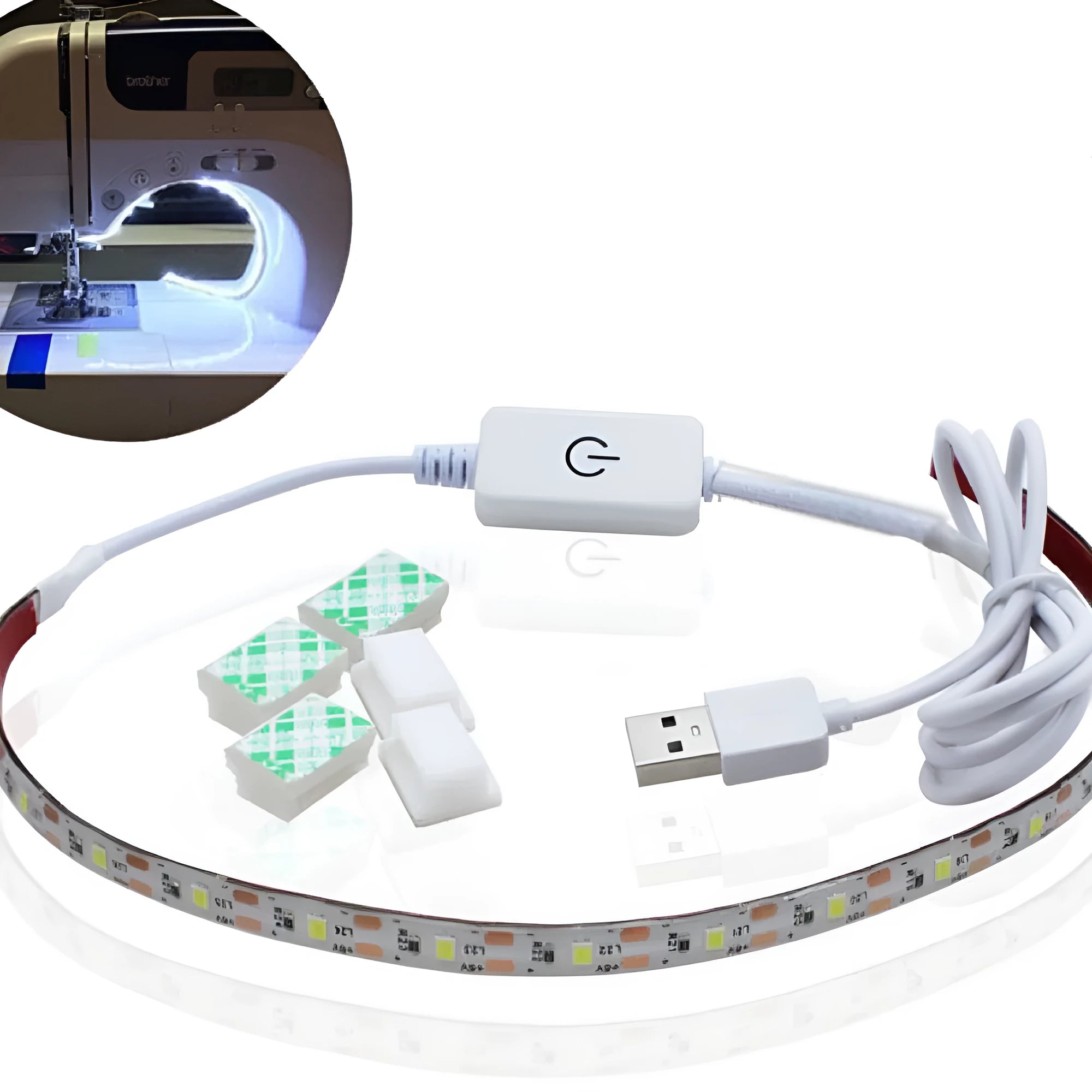 5 metre long flexible USB LED light strip showing touch control and bright white illumination
