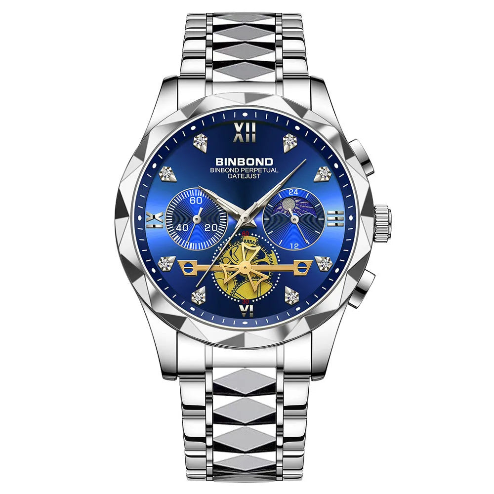 Men's casual quartz watch with round stainless steel case and strap, white dial, black bezel, 11mm thick