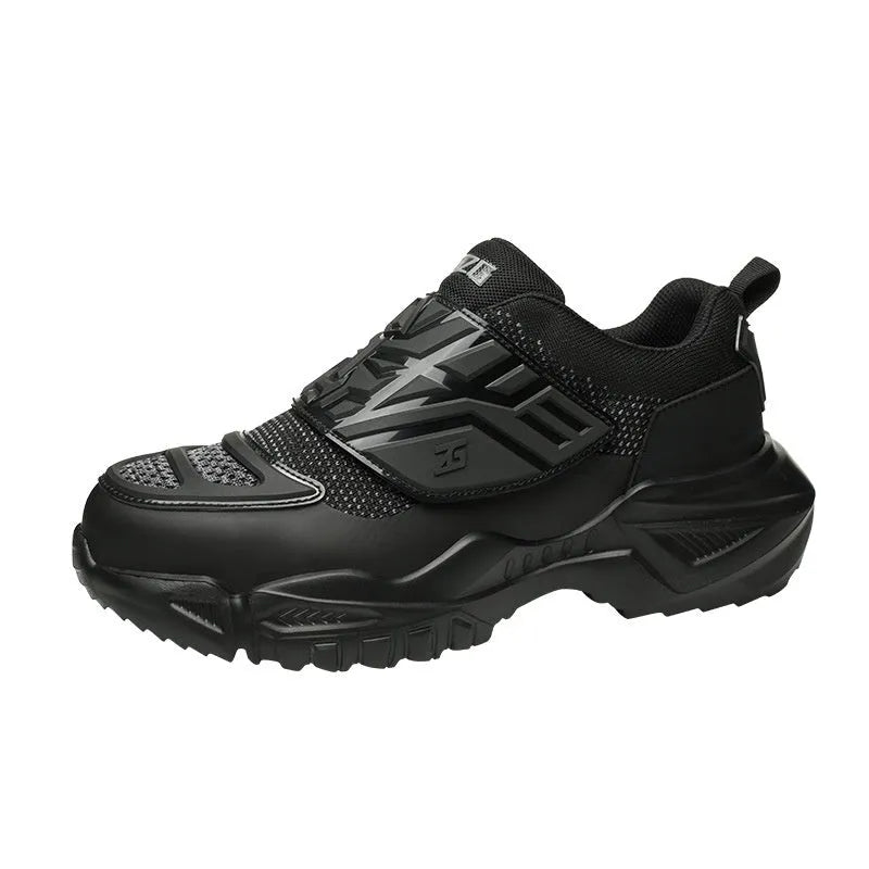Black low-top safety work shoes with a velcro buckle, featuring a steel toe cap and EVA sole.