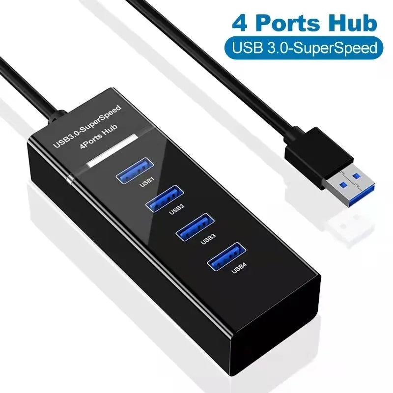 Black 4 port USB 3.0 hub splitter with 29cm cable and four LED indicators