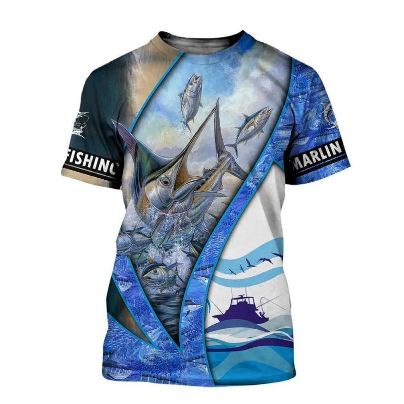 Men's fishing pattern printed short sleeve shirt in loose fit with digital printing on polyester flat mop cloth
