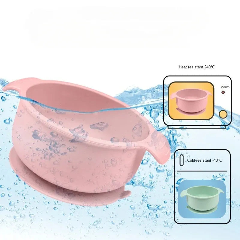 Blue silicone pet bowl with a suction cup base on a smooth floor