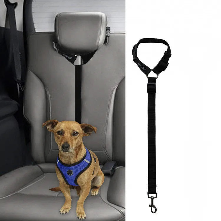 Car backseat pet leash for dogs made from polyester in nine colour options attached to a vehicle seatbelt