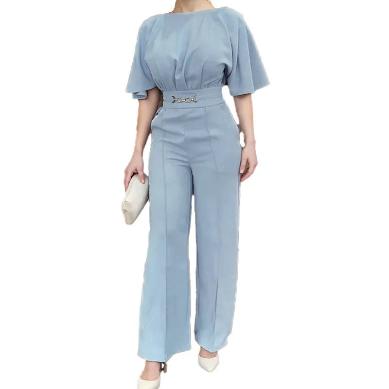 Blue men's two-piece polyester suit set on a hanger, featuring a long-sleeve shirt and trousers.